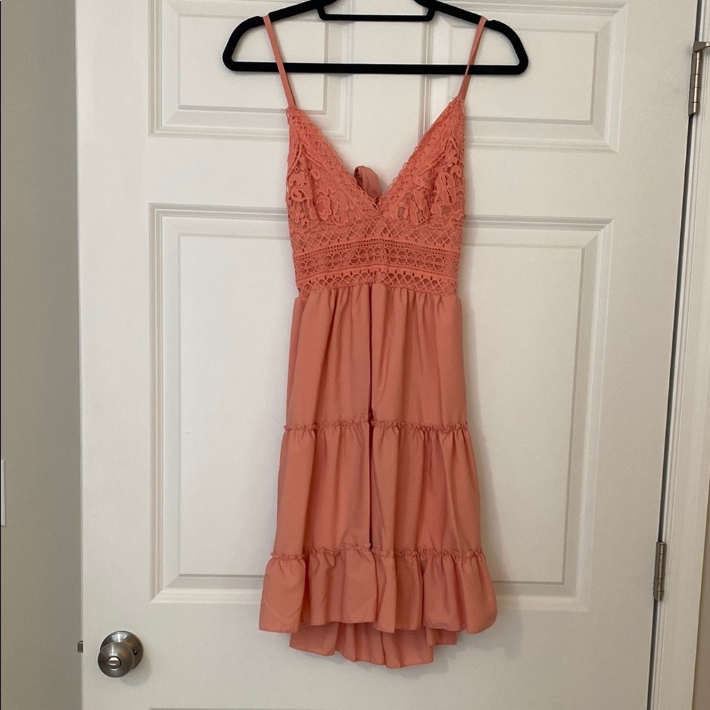 Coral Lace Trim Open Back Dress